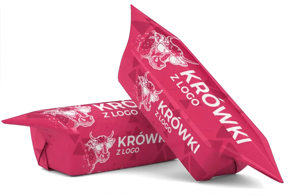 Słodycze reklamowe krówki ciągutki z logo lub innym indywidualnym nadrukiem upominki reklamowe tania Drukarnia Częstochowa