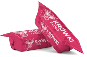 Słodycze reklamowe krówki ciągutki z logo lub innym indywidualnym nadrukiem upominki reklamowe tania Drukarnia Częstochowa
