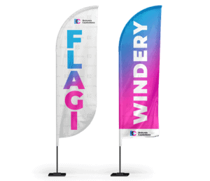 Flagi reklamowe typu winder poruszane ruchem wiatru z logo nadrukiem reklamowym podstawa tania Drukarnia Częstochowa