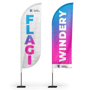 Flagi reklamowe typu winder poruszane ruchem wiatru z logo nadrukiem reklamowym podstawa tania Drukarnia Częstochowa