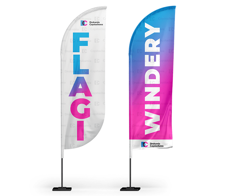 Flagi reklamowe typu winder poruszane ruchem wiatru z logo nadrukiem reklamowym podstawa tania Drukarnia Częstochowa
