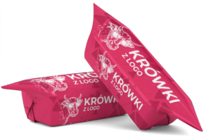 Slodycze reklamowe z nadrukiem krowki z logo na targi do biura